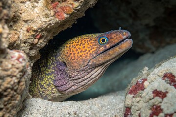 Close-Up Action Shot of Colorful Moray Eel Peeking from Rock Crevice in Coral Reef Environment