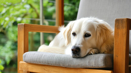 Golden retriever resting peacefully on a wooden chair surrounded by lush greenery in a tranquil garden setting