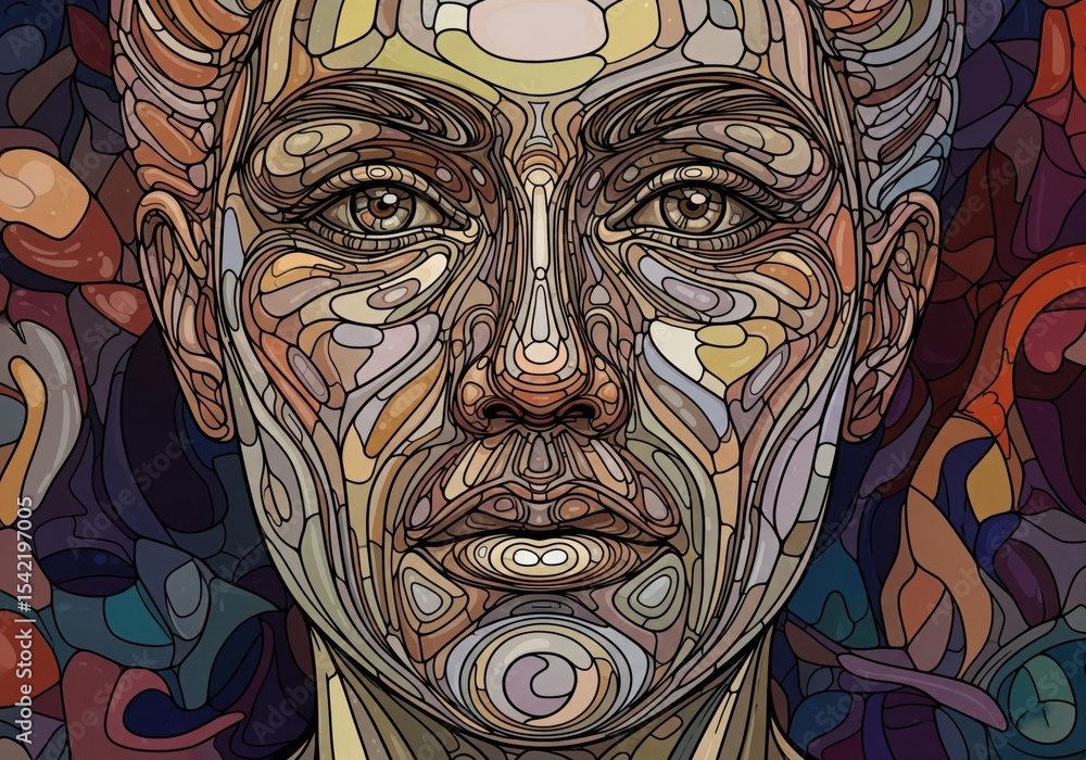 Poster stained glass human portrait. an intricate mosaic depiction of a person's visage, featuring a vibran