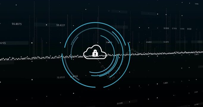 Upon data stream appearing, cloud lock icon spinning blue rings visualizing secure loading progress