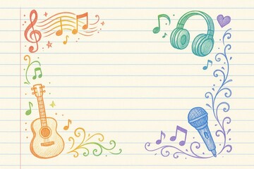 Naklejka premium Colorful Musical Doodles Surround Blank Lined Paper Highlighting Creativity in Art and Music