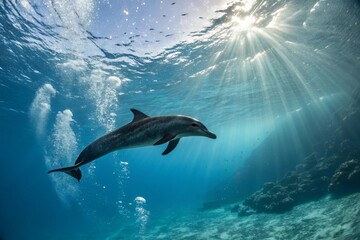 Obraz premium Graceful Dolphin Swimming Beneath Water Surface in Tropical Ocean, Captured from Low Angle Perspective