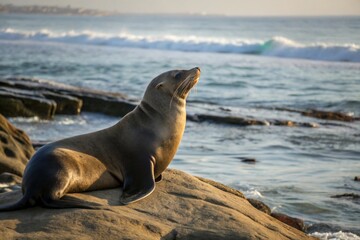 Fototapeta premium Graceful Sea Lion Resting on a Rock by the Ocean Waves at Sunset - Wildlife Photography