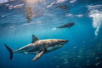 Fototapeta premium Great White Shark Circling Seal in Deep Blue Ocean - Action Shot Underwater