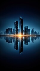 Fototapeta premium Futuristic city reflected in calm water at night