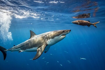 Fototapeta premium Great White Shark Circles Seal in Deep Blue Ocean - Underwater Action Photography