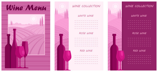 Wine menu cover and pages, wine list. Bottles and glasses of wine against the background of vineyards. Assortment of wines in a cafe, restaurant, store. Vector illustration in burgundy color.