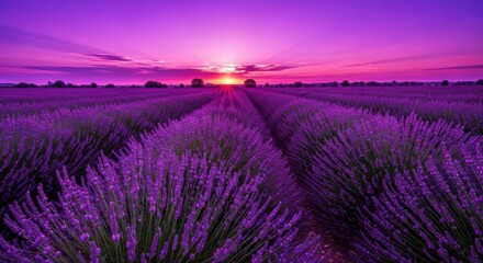 Fototapeta premium The Beautiful Purple Lavender Field during Sunset with Purple Sky