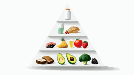 Food pyramid with various healthy items arranged by category on white background Nutrition and diets