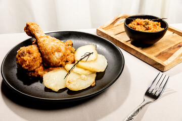 Baked chicken with vegetable sauce and sliced potatoes served on a black dish