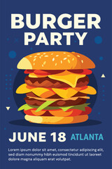Burger party poster with stacked cheeseburger illustration for food event or fast food festival promotion