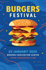Burger festival poster with giant cheeseburger illustration for fast food event and celebration invitation design