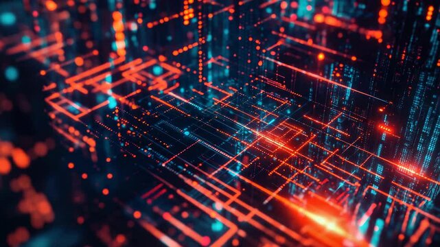 Vivid digital landscape with red, blue and orange elements forming a futuristic grid. - Powered by Adobe