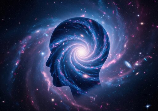 Galactic Consciousness Profile. A luminous cosmic spiral fills a human silhouette, symbolizing deep thought, spiritual connection, and the boundless universe within.