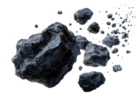Dark metallic asteroid field isolated on transparent background - Powered by Adobe