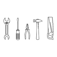 Five outlined tools wrench screwdriver pliers hammer and saw arranged in a row
