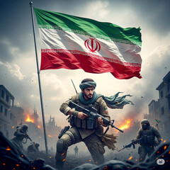 Realistic War Art with Iranian Flag and Soldier in Action
