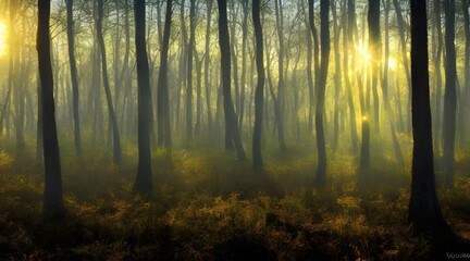 Obraz premium Sunlight pierces through the morning mist, illuminating the autumn leaves and ancient trees on a winding path in the forest