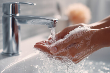 A close-up of hands washing in the sink, a white bathroom with a silver faucet