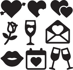 Minimalist Love & Valentine Icons – Hearts, Cupid, Roses, Gifts, Wine, Laptop, Calendar, Envelope – Black Silhouettes for Romantic, Seasonal, and Lifestyle Design Projects