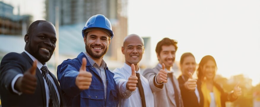 The diverse team of professionals celebrating success with thumbs-up gestures.