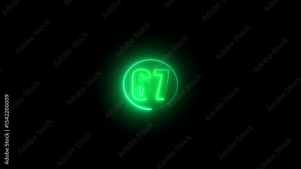 Poster abstract glowing neon text 67 number countdown icon. glowing sign on black background neon number. g
