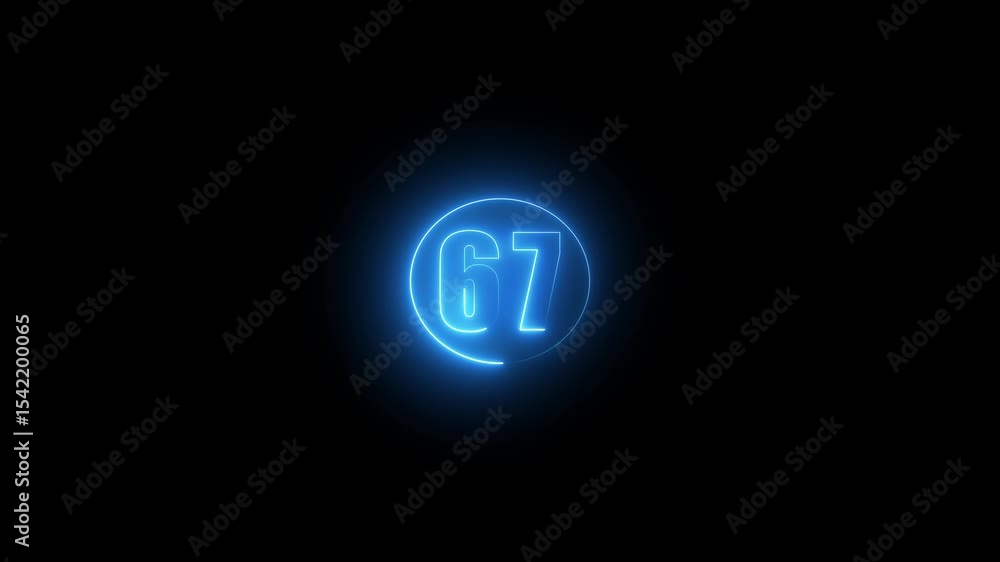 Poster abstract glowing neon text 67 number countdown icon. glowing sign on black background neon number. g