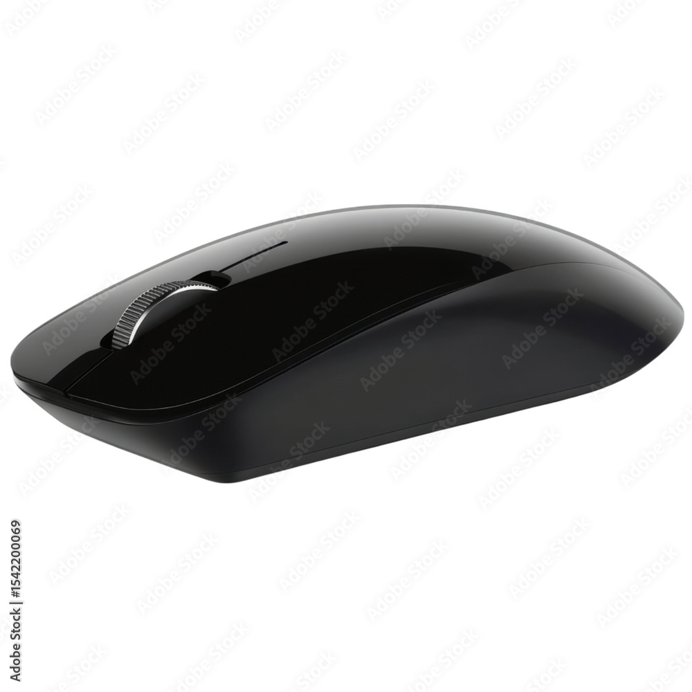 Poster a sleek black wireless computer mouse with a scroll wheel and ergonomic design.