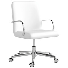 White modern office chair with cushioned seat and backrest, chrome armrests, and a wheeled five-star base for mobility.