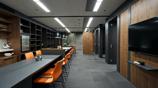 Modern office interior with wooden paneling and communal workspace