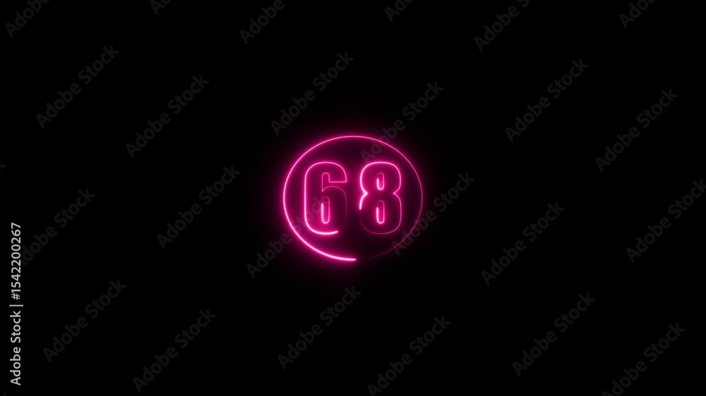 Poster abstract glowing neon text 68 number countdown icon. glowing sign on black background neon number. g