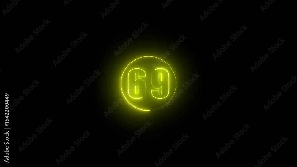 Poster abstract glowing neon text 69 number countdown icon. glowing sign on black background neon number. g