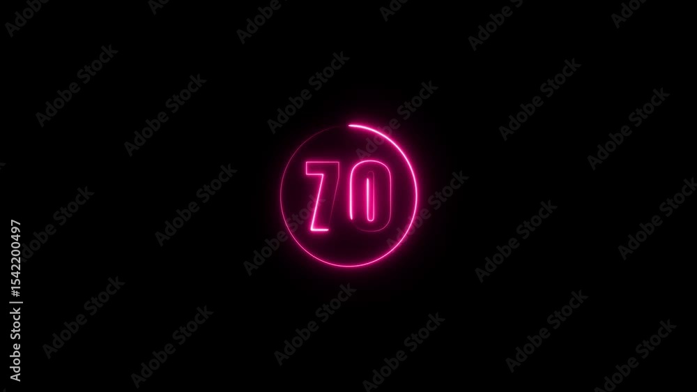 Poster abstract glowing neon text 70 number countdown icon. glowing sign on black background neon number. g