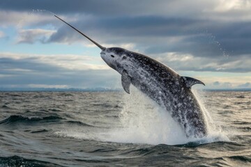 Action of Narwhal Breaching, Marine Life, Arctic Waters, Photography, Natural Environment, Side View, Wildlife Behavior