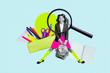 Sketch design trend artwork 3D photo collage of magnifier glass young girl smile jump pen supply...