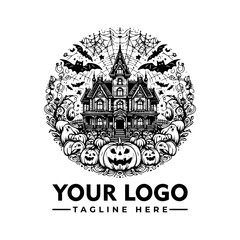 Spooky illustration of a haunted house surrounded by pumpkins and bats.