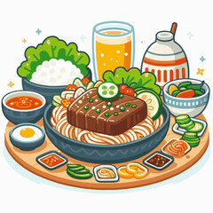 Food illustration shows a meal platter with noodles steak sides drink sauces on a wooden board
