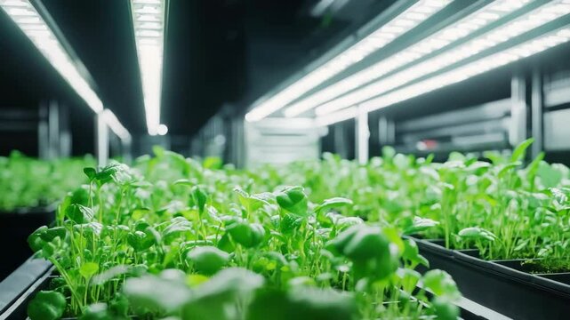 A room filled with rows of young plants, possibly a hydroponic farm. The green leaves indicate healthy growth.