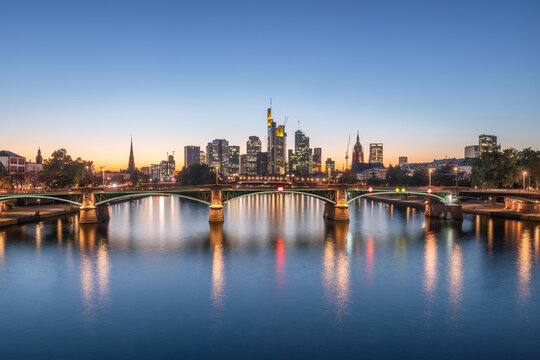 Frankfurt am Main skyline at dusk, Hesse, Germany