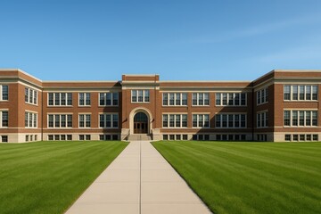 Historic Red Brick School Building Stands Prominently With Large Grassy Area and Clear Blue Sky Under Bright Sunlight in a Suburban Setting