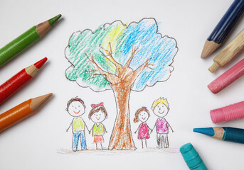 family tree showing gender diverse parents and child on white paper, hand-drawn style, children drawing
