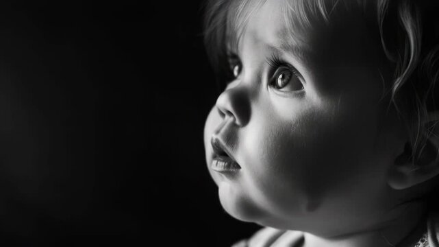 Close-up portrait of a newborn baby, capturing the innocence and expression of early childhood. High contrast lighting accentuates the eyes and creates a dramatic effect.