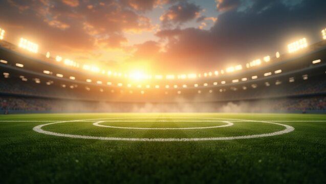 um campo de futebol com linhas tra&ccedil;adas diferentes do habitual vazio ao amanhecer