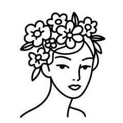 Line art woman with floral crown, black and white illustration
