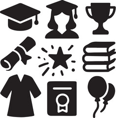Minimalist Graduation & Education Icons – Cap, Diploma, Books, Trophies, Medals, Figures in Robes – Clean Black Silhouettes for Academic Success and School Celebration Graphics