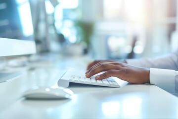 Office Worker Typing on Computer Keyboard at Bright Modern Desk