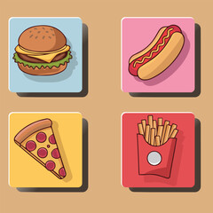 Delicious Fast Food Icons: Burger, Pizza, Hot Dog, and Fries.