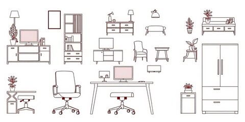 Line art illustrations of various office and home furniture pieces with wood and plastic details, ready for editing,  workspace,  stylish