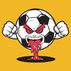 Angry Soccer Ball Cartoon with Red Eyes and Dripping Mouth.
