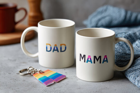 Dad and Mama mugs with colorful text sit on gray kitchen counter beside rainbow keychain, creating warm, inclusive family atmosphere with cozy blue fabric in background